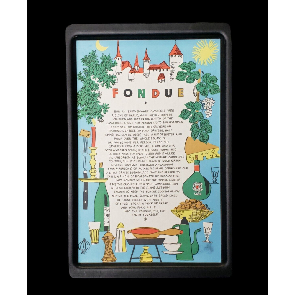 Vintage MCM 50s60s fiberglass Graphic Recipe Fondue Tray 19"x12-3/8"